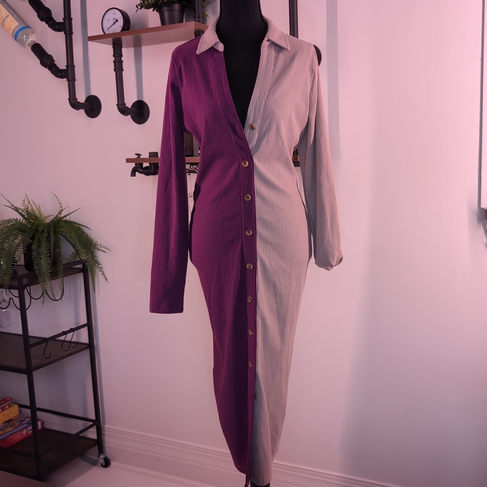 Chic Monroesteele X The Drop Colorblock Button Front Maxi Dress in Grape / Bark